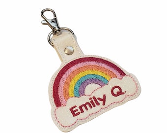 Rainbow glitter snap tab - rainbow over the cloud - Sparkle white tag personalized - name embroidered - rainbow gift - backpack tag -bts tag