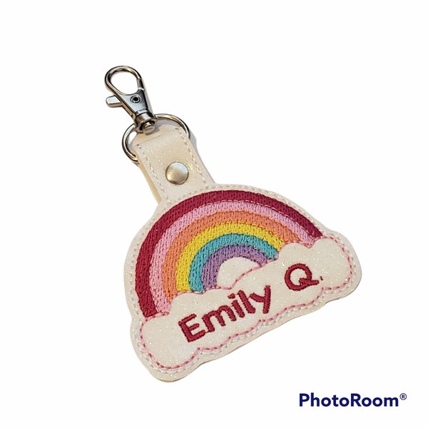 Rainbow glitter snap tab - rainbow over the cloud - Sparkle white tag personalized - name embroidered - rainbow gift - backpack tag -bts tag