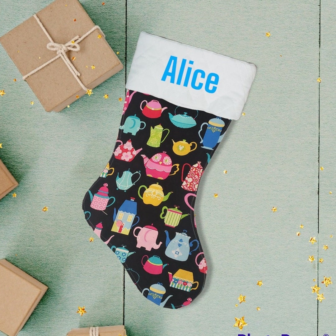 Teapots Stocking With Name Embroidered Colorful Teapots Etsy