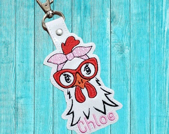 Chloe the chicken with red bandana and glasses - fun chicken snap tag with name - white key chain - key holder - personalize gift for her