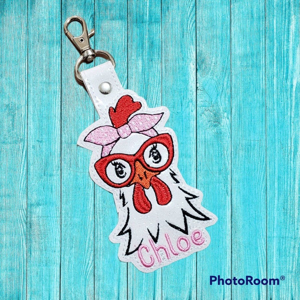 Chloe the chicken with red bandana and glasses - fun chicken snap tag with name - white key chain - key holder - personalize gift for her