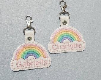 Spring rainbow glitter snap tab - rainbow over the cloud - Sparkle white tag personalized - embroidered rainbow gift - backpack tag -bts tag