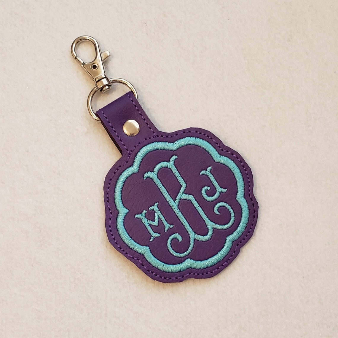 Handmade Key Fob/snap Tab With Monogram Embroidered Aqua on - Etsy