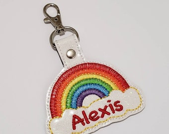 Bright rainbow over the cloud - sketch rainbow glitter tag with name embroidered - rainbow backbag tag - back to school - diaper bag gift