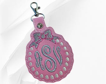 Embroidered Monogram Key Fob: Bow & Pearls, Personalized Initial Keychain
