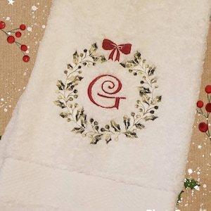 Monogram Christmas Hand Towel – Embroidered Wreath Holiday Decor