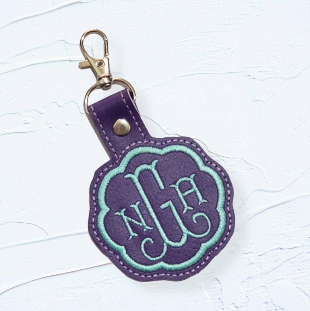 Handmade Key Fob/snap Tab With Monogram Embroidered - Aqua on Purple ...