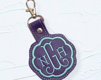 Handmade key fob/snap tab with monogram embroidered - Aqua on purple - tag personalized - luggage ID tag -diaper bag - baby birthday gift