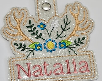 Oversize glitter antlers and flowers - antler key fob - name embroidered  - back to school - backpack tag - large tag antlers and roses
