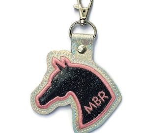 Black horse tag with glitter - Handmade key holder with name or initials embroidered - back to school backpack tag personalized -Love horse