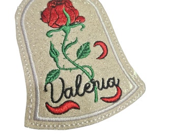 Red rose in the vase tag - crystal vase magical rose tag - Falling petals - name embroidered  - birthday gift for a princess - backpack tag