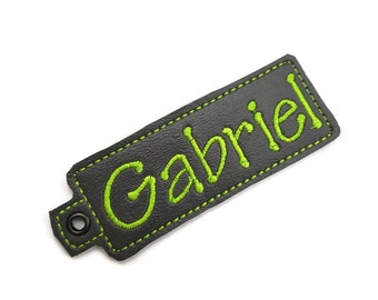 Handmade tag with name embroidered Tag with split ring - You pick the color - Tinker toy - back to school  bag tag - birthday gifts under 20