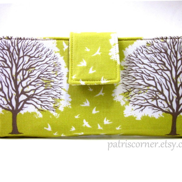 Last one! Handmade women yellow wallet clutch brown white tree and birds