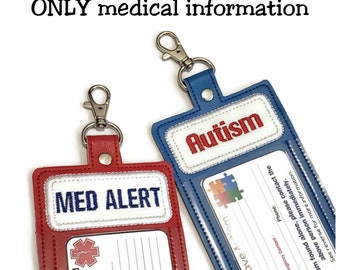 Handmade oversize Medical ID tag - back to school - Diabetic or EpiPen ID tag - backpack tag - traveler tag - Autism Autistic ID card tag