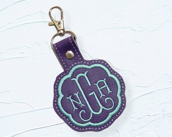 Handmade key fob/snap tab with monogram embroidered - Aqua on purple - tag personalized - luggage ID tag -diaper bag - baby birthday gift