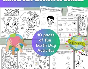 May include: A set of 10 black and white printable Earth Day activity pages for kids. The pages include coloring pages, dot-to-dot, letter searches, and more. The pages are designed to help children learn about the importance of protecting the environment.