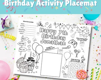 Napperon d'activité d'anniversaire, modèle de toile modifiable, napperon de fête d'enfants personnalisé, jeux de coloriage à imprimer