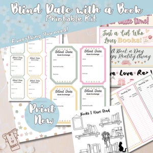 Puede incluir: Kit imprimible para una cita a ciegas con un libro. El kit incluye tarjetas de intercambio de libros, listas de lectura y una página "Libros que he leído" con una ilustración de una estantería. El diseño presenta un esquema de color pastel con estrellas y corazones.