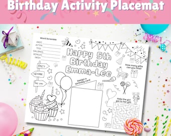 Napperon d'activité d'anniversaire, modèle de toile modifiable, napperon de fête d'enfants personnalisé, jeux de coloriage à imprimer