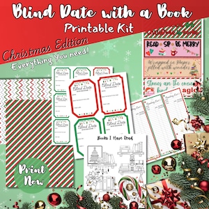 May include: A Christmas-themed printable kit for a "Blind Date with a Book" exchange. The kit includes labels, reading lists, and decorative elements with red, green, and white colors. The text includes "Christmas Edition" and "Print Now".