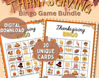 May include: A digital Thanksgiving Bingo Game Bundle. The image displays two bingo cards with autumn-themed illustrations and words. The cards feature images of pumpkins, corn, and other seasonal items. The text on the cards reads "Thanksgiving Bingo" and "30 Unique Cards."