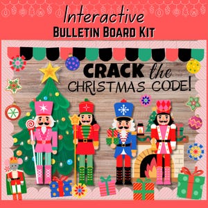 Peut inclure: Kit de tableau d'affichage interactif de Noël avec le texte "Crack the Christmas Code !" comprenant des casse-noisettes colorés, un sapin de Noël et des boîtes cadeaux. La conception comprend des ornements et des éléments décoratifs festifs.