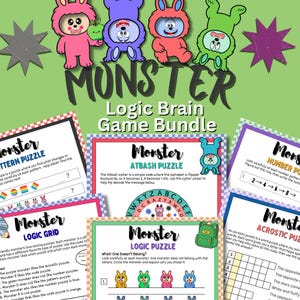Puede incluir: Un paquete de juegos de lógica con personajes de monstruos coloridos. La imagen incluye varios tipos de rompecabezas como patrones, cuadrículas lógicas y acrósticos. El texto "Monster Logic Brain Game Bundle" se muestra de forma destacada.