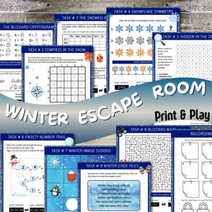 Puede incluir: Una colección de rompecabezas de sala de escape con temática invernal, titulada "Winter Escape Room Print & Play". La imagen presenta varias tareas de juego, incluyendo un criptograma, brújula, simetría de copos de nieve y laberinto. La combinación de colores es principalmente azul y blanco.