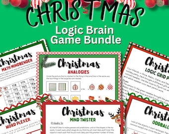 Può includere: Un pacchetto di giochi di logica a tema natalizio con vari enigmi, tra cui rompicapo matematici, giochi di parole e analogie. L'immagine presenta fogli di gioco colorati con grafica e testo festivi.