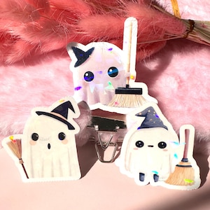 Holographic Ghost Stickers: Witchy Brooms, Waterproof Vinyl - Set of 3
