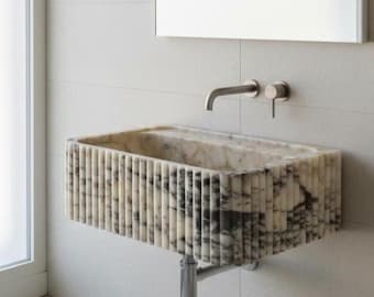 Handcarved Calacatta Viola Marble Sink – Wall Mounted Natural Stone Bathroom Vanity