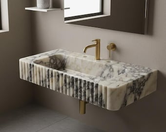 Lavabo de mármol Calacatta Viola – Decoración de baño artesanal acanalada para montaje en pared