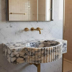 Calacatta Viola Marble Bathroom Sink – Fluted Wall Mounted Natural Stone Vanity