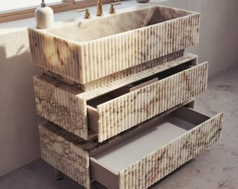 Calacatta Gold Marble Sink with Double Drawers – Handmade Bathroom Vanity Cabinet