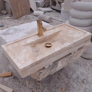 Travertine Beige Marble Sink – Rustic Stone Farmhouse Bathroom Vanity image 1