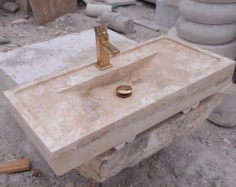 Travertine Beige Marble Sink – Rustic Stone Farmhouse Bathroom Vanity