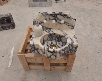 Calacatta Viola Marble Bathroom Sink – Wall Mounted Vanity with Backsplash