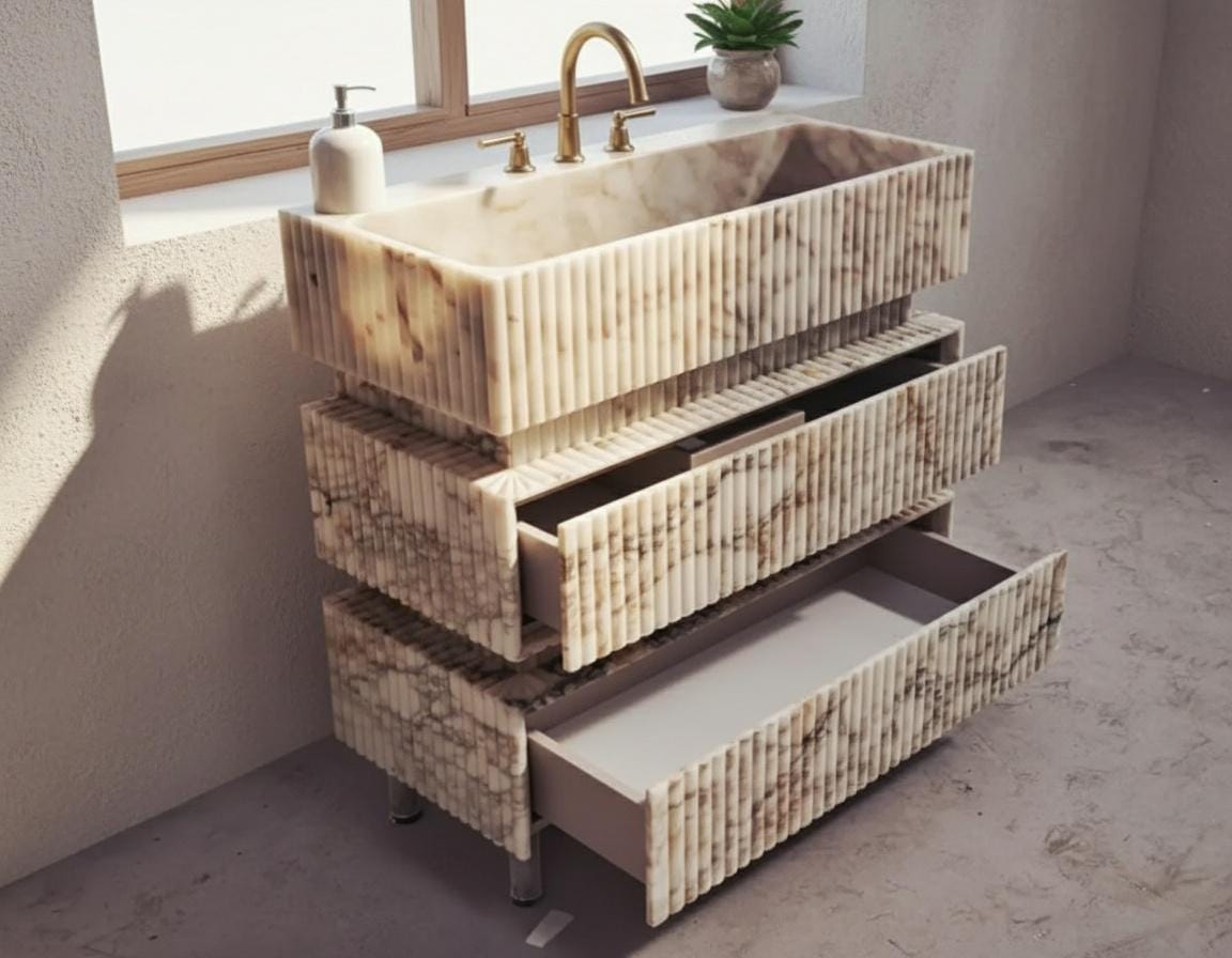 Calacatta Gold marble vanity with drawers, made to order