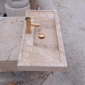 Travertine Beige Marble Sink – Rustic Stone Farmhouse Bathroom Vanity image 5