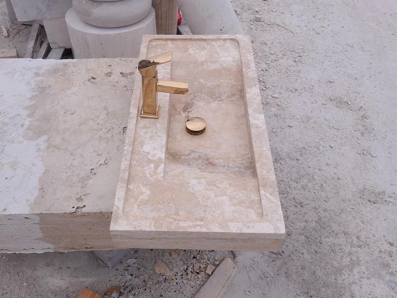 Travertine Beige Marble Sink – Rustic Stone Farmhouse Bathroom Vanity image 5