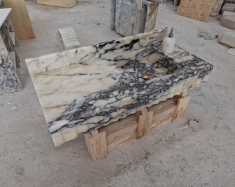 Calacatta Viola Handcrafted Marble Bathroom Sink – Wall Mounted Rectangle Vanity with Backsplash