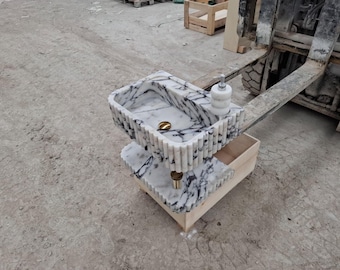 Calacatta Viola Marble Bathroom Sink – Wall Mounted Rectangle Vanity with Backsplash and Marble shelf