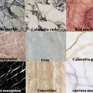 Puede incluir: Un collage de nueve muestras de m&aacute;rmol diferentes, cada una con un patr&oacute;n y un color &uacute;nicos. Las muestras incluyen m&aacute;rmol lila, Calacatta viola, m&aacute;rmol rojo, Emparador, gris, Calacatta gold, Nero marquina, travertino y m&aacute;rmol de Carrara.