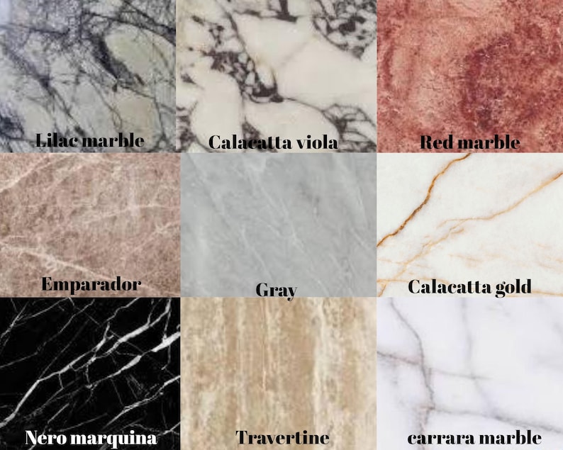 Puede incluir: Un collage de nueve muestras de m&aacute;rmol diferentes, cada una con un patr&oacute;n y un color &uacute;nicos. Las muestras incluyen m&aacute;rmol lila, Calacatta viola, m&aacute;rmol rojo, Emparador, gris, Calacatta gold, Nero marquina, travertino y m&aacute;rmol de Carrara.