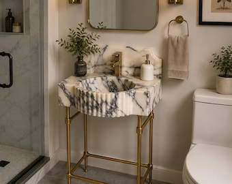 Calacatta Viola Marble Sink, Fluted Marble Bathroom Sink, Luxury Vanity Basin, Natural Stone Sink, Handmade Custom Size Washbasin