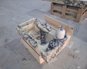 Calacatta Viola Marble Bathroom Sink – Wall Mounted Vanity with Backsplash