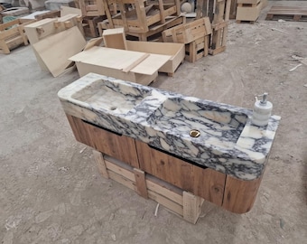 Calacatta viola Marble Bathroom Sink – Wall Mounted Vanity with Drawers