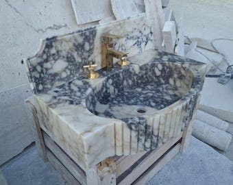 Calacatta Viola Marble Sink with Backsplash – Handmade Natural Stone Bathroom Vanity