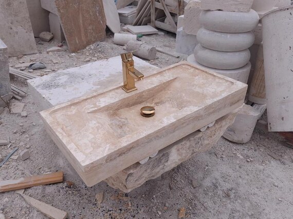 Travertine Beige Marble Sink – Rustic Stone Farmhouse Bathroom Vanity