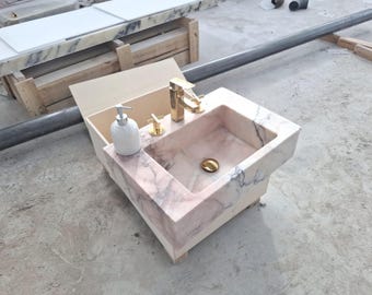 Pink Marble Bathroom Sink – Wall Mounted Rectangle Vanity with Backsplash